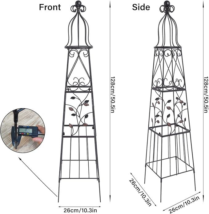 51-Inch Vintage Metal Garden Obelisk Trellis - Sturdy Climbing Plant Support for Roses, Bougainvillea, Vines & Potted Plants - Elegant Design for Gardens & Patios