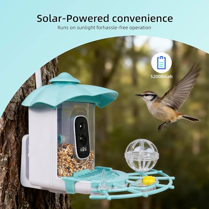 Bird Feeder with Camera,AI Identify Birds Species,Solar Powered,Auto Record Videos in Backyard,Instant Notifications,Ideal Gift for Family and Bird Lovers (Blue)