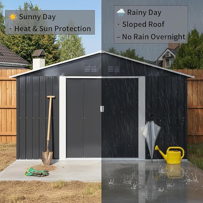 YOPTO 11.2x10.6 FT Outdoor Storage Shed Galvanized Metal Tool Shed with Window and Sliding Door,Waterproof Garden House w/Punched Vents & Locks,for Patio,Lawn,Backyard,Grey