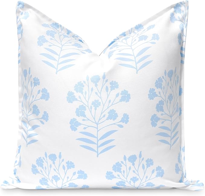 Hofdeco Premium Coastal Patio Indoor Outdoor Throw Pillow Cover Only, 20"x20" Water Repellent for Backyard, Couch, Baby Blue Print Floral