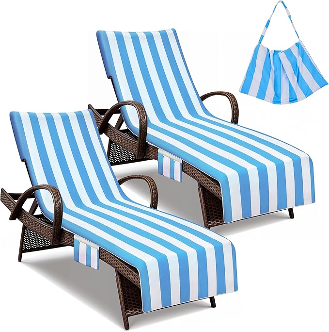 Lounge Chair Towel Covers, 2 Pack Outdoor Chaise Lounge Slipcover, 83" X 29" Stripe Microfiber Beach Chair Cover, Soft Absorbent Chaise Cover with Pockets for Pool Garden Patio, Sky Blue