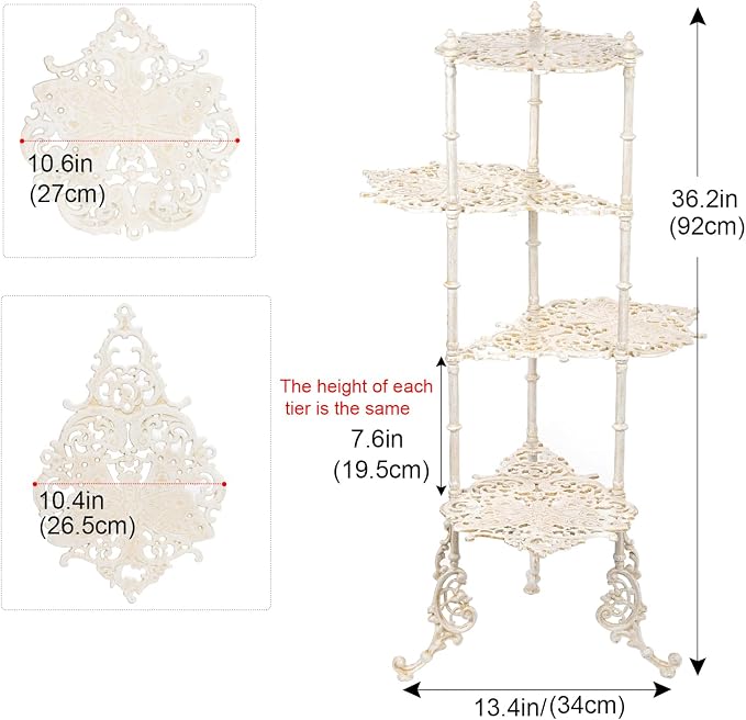Sungmor Vintage Cast Iron 4-Tier Plant Stand, Elegant Butterfly & Floral Design with Antique White Finish, 36 Inch Tall Rustic Flower Pot Holder, Heavy Duty Metal Display Stand for Indoor and Outdoor