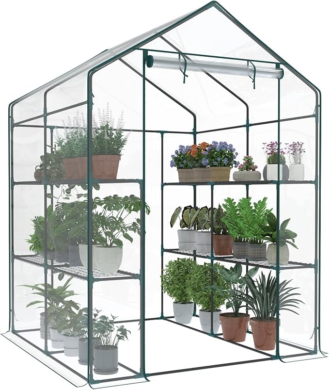 OLIXIS Outdoor Greenhouse, Walk-in Greenhouse with 2 Tier 8 Plant Shelves, Durable PVC Cover, 56"×56"×77" Portable Greenhouses for Outdoor Garden, Patio, Porch, Backyard Green Houses, Clear