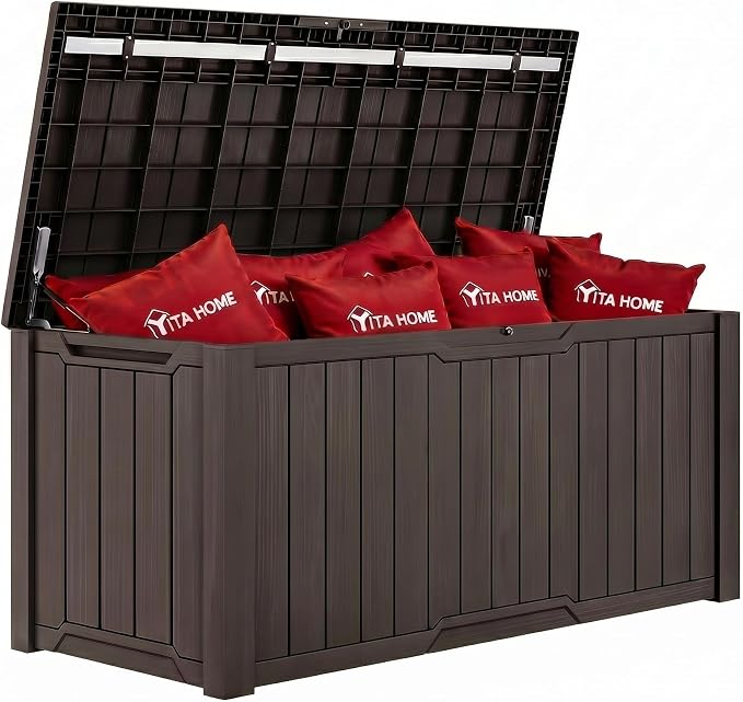 YITAHOME 240 Gallon Extra Large Outdoor Storage Deck Box, XXL Waterproof Resin Patio Storage w/Lockable Lid for Outdoor Cushions, Garden Tools and Sports/Pools Equipment, Dark Brown