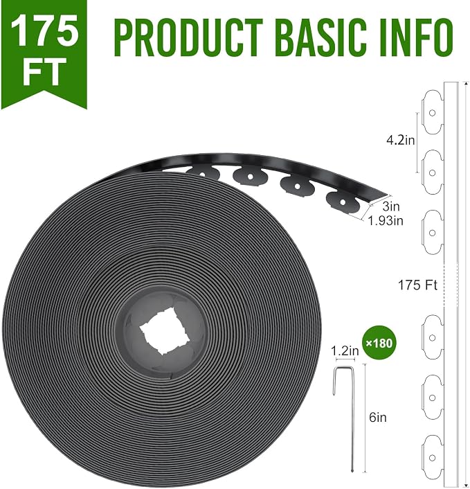 Landscape Edging Border 3 Inch Tall 175Ft with 180Pcs 8 Gauge Metal Spikes, Plastic Garden Edging Border Garden Fence Border Lawn Edging for Landscaping, Flower Bed, Tree Ring, Pathway