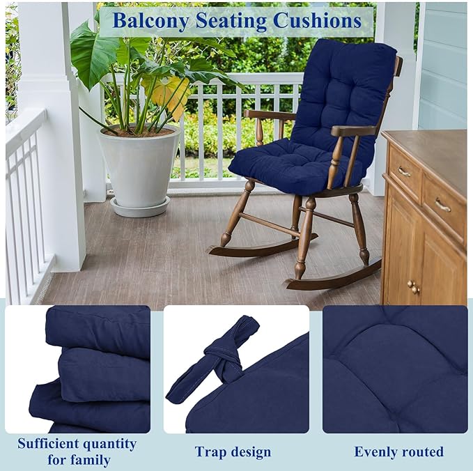 Juexica 4 Sets Outdoor Patio Chair Cushions Seat High Back Tufted Pillow Replacement Rocking Chair Cushions Pads for Patio Summer Seasonal Indoor Home Office (Navy Blue)