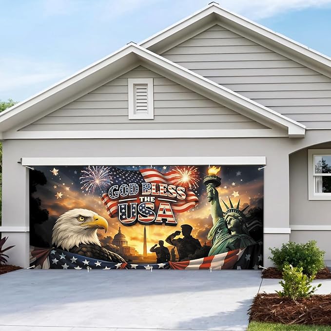7 * 16FT Eagle flag God Bless The USA Garage Door Cover Decorations Independence Day Garage Door Banner for Outdoor Indoor Patriot Party Photography Backdrop