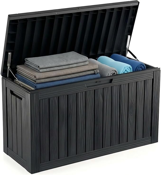 80 Gallon Resin Deck Box, Outdoor Storage Container for Patio Furniture Cushions, Garden Tools, Pool Accessories & Yard Equipment - All-Weather, Lockable, Wood Grain Design