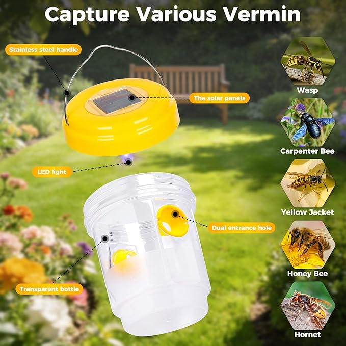 2 Pack Wasp Traps Outdoor Hanging Carpenter Bee Trap for Hornet, Yellow Jacket, Wasps, Reusable Solar Wasp Catcher, Bee Catchers for Outside