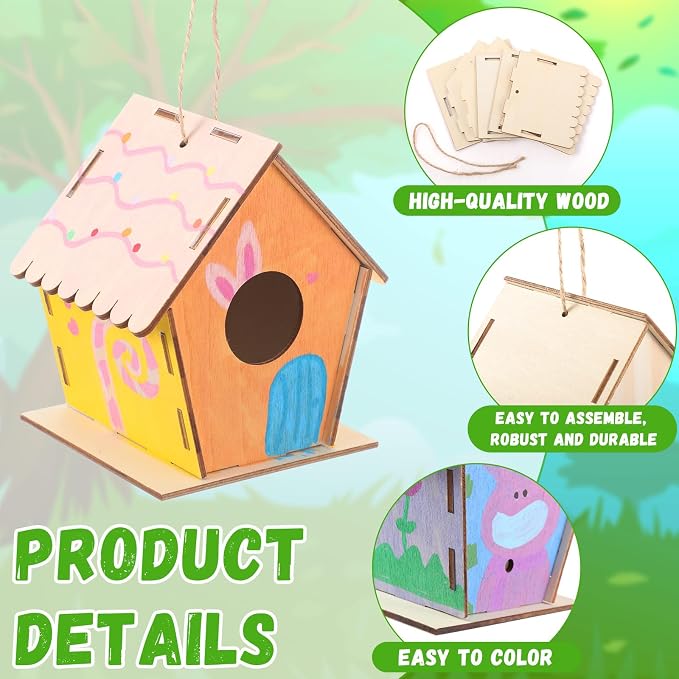 DoubleFill 48 Pack 4.33'' Wooden Bird House Craft Kit for Kids Spring DIY Birdhouse to Build and Paint Unfinished Hanging Birdhouse Bulk Spring Summer Bird Feeder for Class Creative VBS Crafts