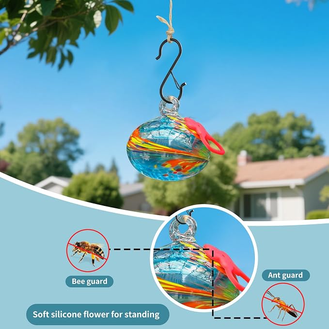 Pozfun Set of 3 Hummingbird Feeders for Outdoors Hanging,Hand-Blown Glass Hummingbird Feeder with Silicone Feeding Perch,Never Leak,Gardening Gifts for Woman Man(Blue)