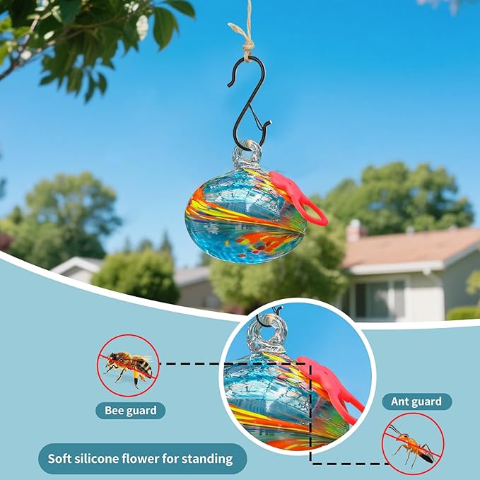 Pozfun Small Hummingbird Feeders for Outdoors Hanging,Hand-Blown Glass Hummingbird Feeder with Silicone Feeding Perch,Never Leak,Gardening Gifts for Woman Man(Blue)