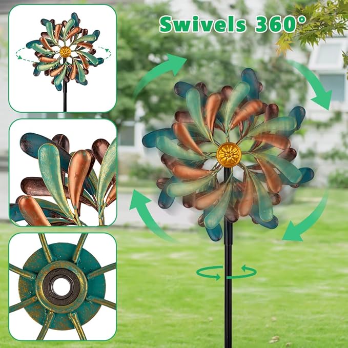 Stargarden Wind Spinners Outdoor, 13.2" Dia Metal Wind Spinner with Stake, Decorative Windmill for Yard Garden Lawn
