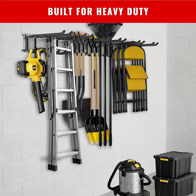Garage Tool Organizer Wall Mount, Easy to 48inch Install Heavy-Duty Garage Storage System with 6 Adjustable Hooks, Garden Tool Rack for Shovels, Rakes, Yard Tools (Combo 2)