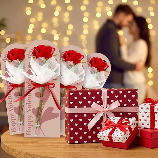Eaasty 48 Set Valentine's Day Themed Single Rose Card Sleeve Gift Packaging Flower Holder with Floral Water Tubes Ribbon Floral Tissue Paper for Rose Packing