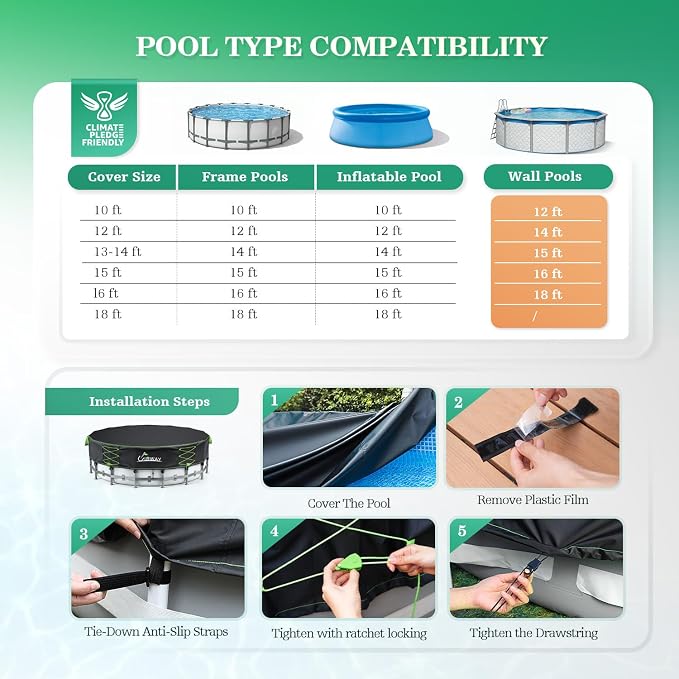 Uirway 2026 Upgraded 14ft Pool Cover Round for Above Ground Pool, Heavy Duty 600D Tear Resistant Solar Pool Cover Windproof Ratchet Locking & Reflective Drawstring, Anti-UV, with Anti-Slip Straps