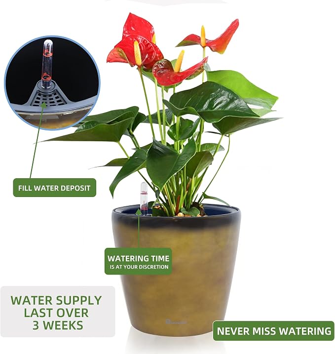 Dexceder 11x10 Self Watering Planter (Yellow Brown Gradient) | Inner Pot Design, Thickened Table Flower Plant Pot with Water Level Indicator Indoor Outdoor