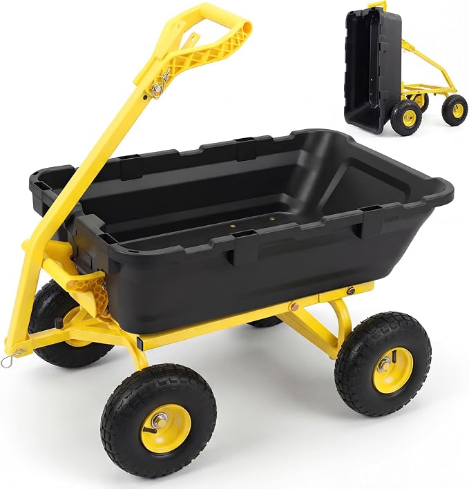 Sekey 1000lbs Garden Dump Cart for Seniors, Capacity Yard Wagon with Rubber Tires, Quick-Release Dumping & Easy-Maneuver Handle for Soil, Rocks, and Firewood, Black
