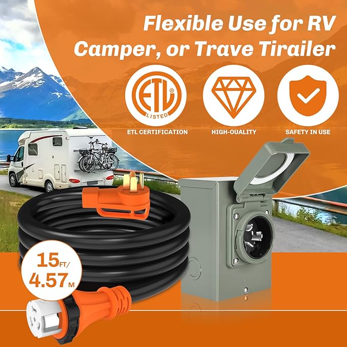 WELLUCK 50 Amp Emergency Power Combo Kit with SS2-50 Inlet Box and 15 FT Cord, NEMA 14-50P to SS2-50R RV Power Extension with Grip Handle, ETL Listed
