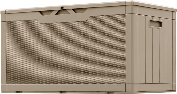 Greesum 100 Gallon Resin Patio Storage Box for Garden Tools, Outdoor Furniture Cushions, Pool Supplies, Coffee