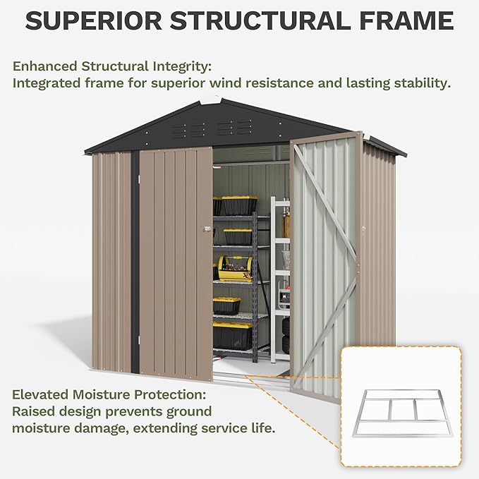 Greesum 6x4FT Outdoor Storage Shed with Base, Utility Tool Shed with Sloping Roof, Metal Storaged Garden Shed with Door & Lock for Patio Storage, Brown