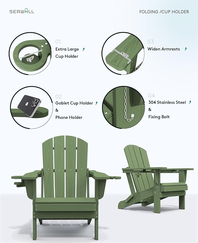 SERWALL Adirondack Chair with Cup Holders - Composite Adirondack Chairs Set of 4 HDPE Outdoor Chairs All Weather Use- Avocado