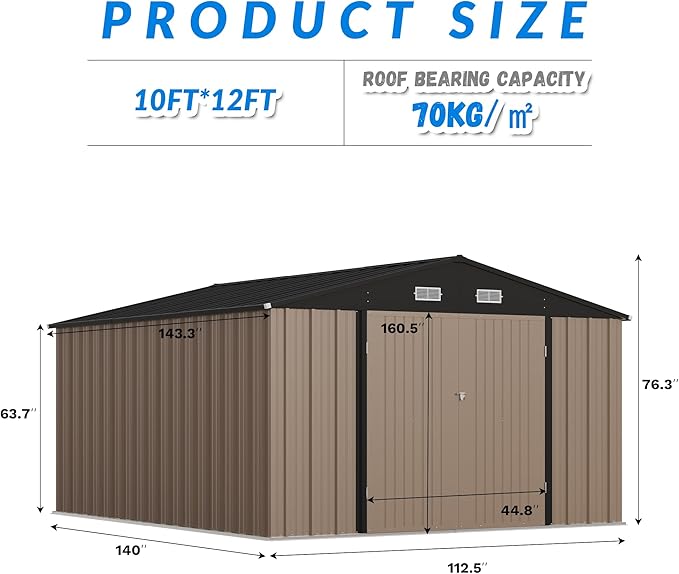 Greesum 10x12FT Outdoor Storage Shed, Utility Tool Shed with Sloping Roof, Metal Storaged Garden Shed with Door & Lock for Patio Storage, Brown
