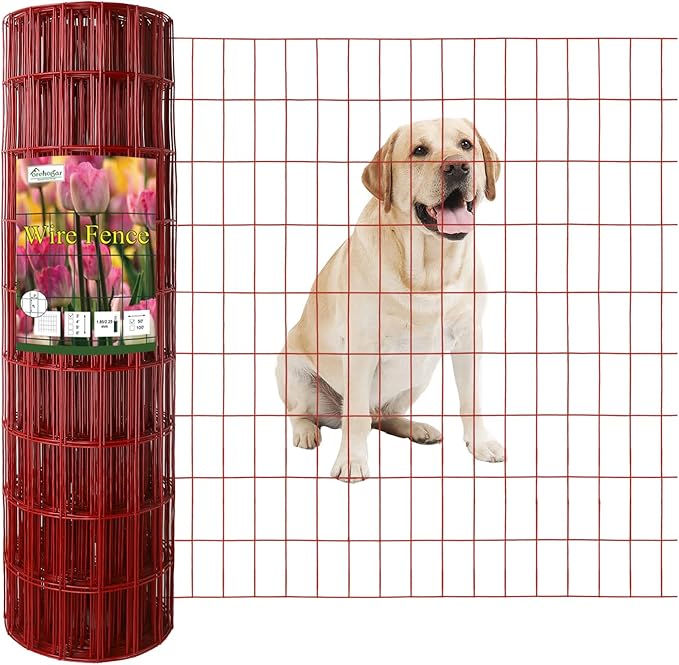 Red PVC Coated Welded Wire Fence 36 Inch x 50 Foot, 2 Inch x 4 Inch 14GA, Garden Border Fencing Roll Vinyl Coating Metal Wire Mesh Hardware Cloth for Yard Vegetable Plant Protection