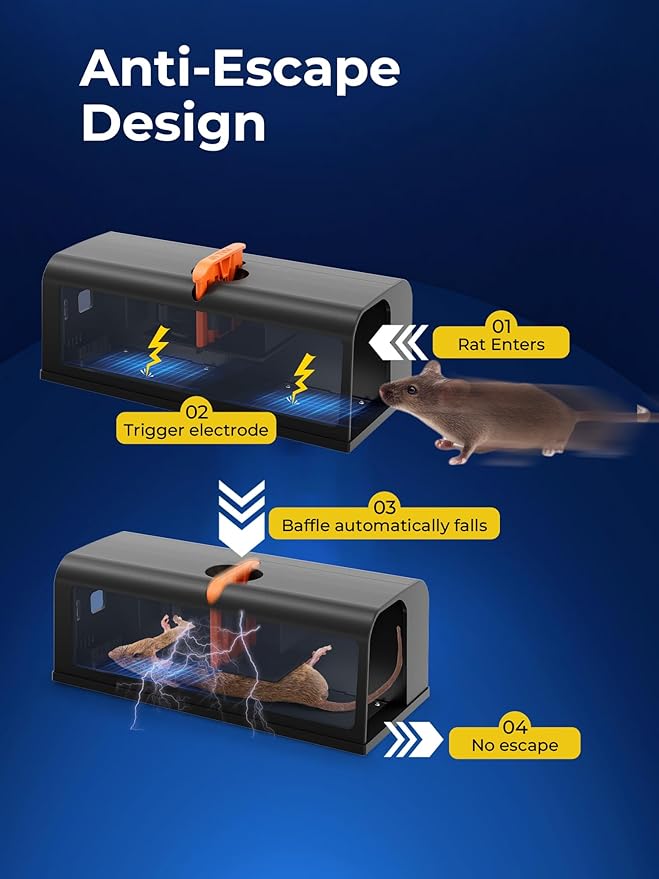 Electric Rat Trap Indoor for Home, Electronic Rodent Zapper with Anti-Escape Design, Humane Quick Control, No-Touch Disposal, Plug-in Powered Rat Trap for Kitchen, Garage, Basement (Black)