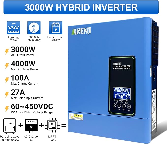 3000W Hybrid Inverter, 24Vdc to 110Vac Solar Inverter Charger Built-in 80A MPPT Controller, Pure Sine Wave PV Power Converter, Supports Battery-Less or AGM Lithium Battery