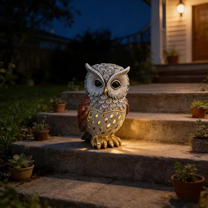 Solar Owl Garden Statues Outdoor Decor Resin Owl Figurine with LED Lights Owl Sculpture for Porch Patio Lawn Yard Decorations Christmas Housewarming Gifts for Women Mom,Brown Owl