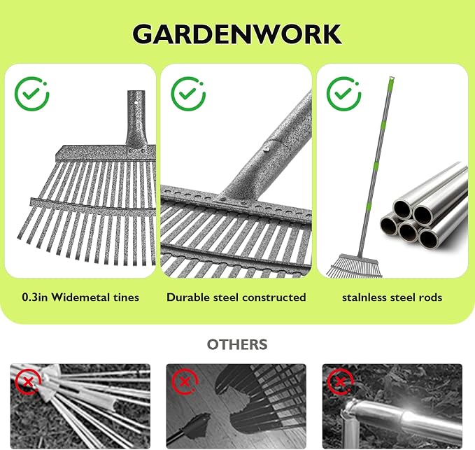 GARDENWORK Leaf Rake for Leaves,36-73" Long Garden Rake,25 &11 Tines Heavy Duty Leaf Rake for Lawns,Adjustable Stainless Steel Handle,Yards, Grass, Garbage, Weeds, Debris