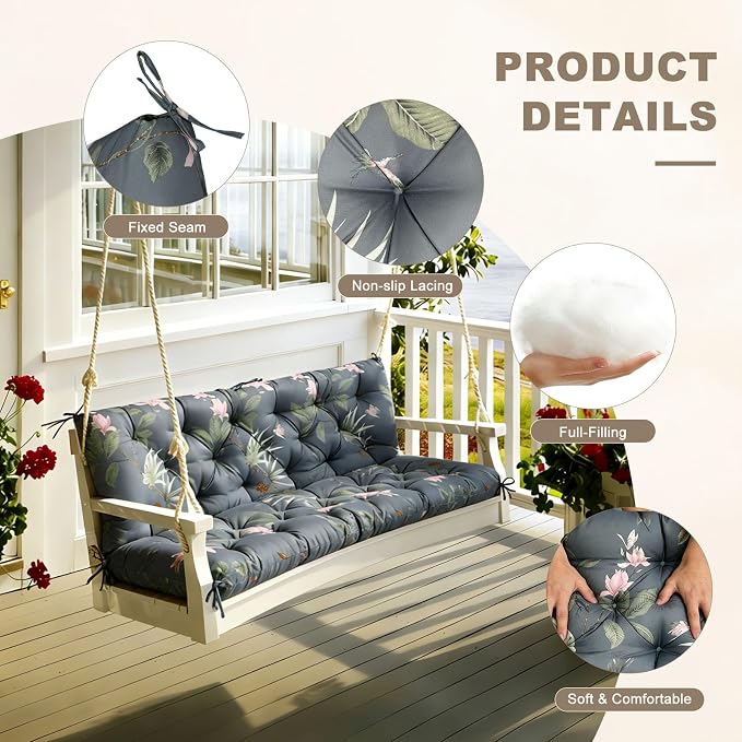 Porch Swing Cushion with Backrest,Waterproof Bench Cushion for Outdoor Furniture,2-3 Seater Replacement Thickened Swing Cushion with Ties,Patio,Outdoor,Backyard and Garden (Tropical Blossom,60x40")