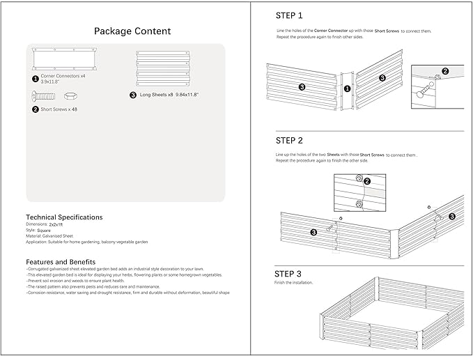 2x2x1FT Black Metal Raised Garden Bed Kit, Galvanized Outdoor Garden Bed Planter Box for Vegetables, Flowers, Herbs, Succulents and More