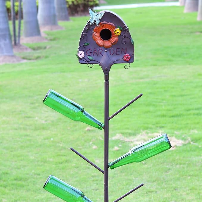57" HMetal Bird House and Wine Bottle Tree, 2 in 1, Lawn Ornaments for Outside,As Garden Yard Decoration for Exterior Party Landscape Decoration