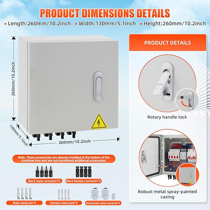 4 String Metal Solar Combiner Box, IP65 Waterproof PV Combiner Box with 20A Rated Current Fuse, 63A Air Circuit Breaker,Lightning Arrester for On/Off Grid Solar Panel System