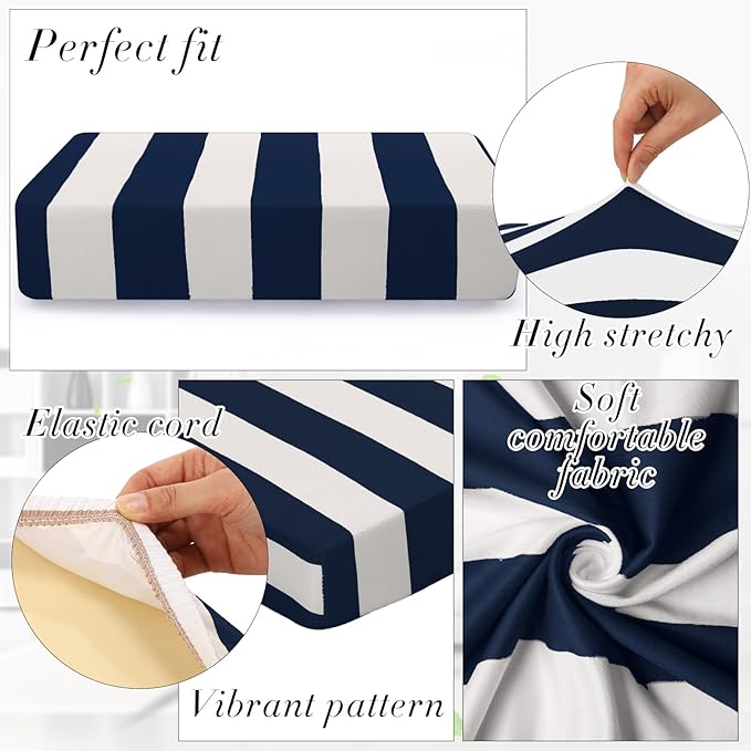 Newwiee 8pcs Patio Stretch Cushion Covers Stripe Outdoor Cushion Covers Replacement Patio Furniture Couch Slipcover Sofa Chair Seat, Thin Fabric Breathable Soft Flexibility Protector(Navy Blue)
