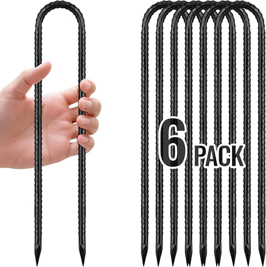 12 Inch Rebar Stakes, U Hook Ground Stakes 6 Pack Black Ground Anchors for Tent Heavy Duty for Plants Anti-Rust Landscape Fabric Artificial Turf