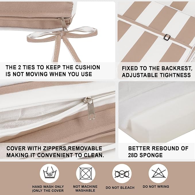 Only choice 2 Pcs Set Outdoor Lounge Chair Cushions Patio Chaise Lounge Replacement Cushions Furniture Seat Cushions Chair Pads(Beige White Striped)