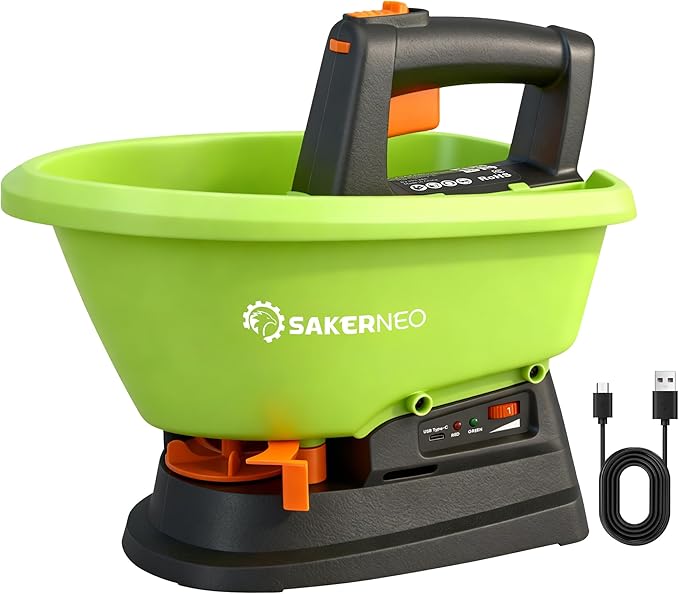 SAKERNEO Handheld Lawn Spreader - 7.2V Battery Powered Seed & 135° Fertilizer Spreader, 3L Large Capacity for 6400 Sq.Ft, 7 Settings & 5 Angles, Rechargeable Grass Seeder for Even Lawn Care