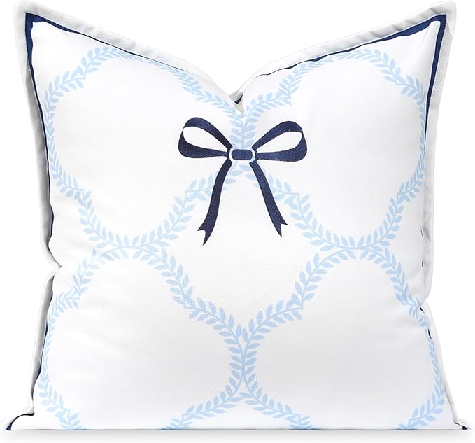 Hofdeco Premium Coastal Hampton Patio Indoor Outdoor Throw Pillow Cover Only, 20"x20" Water Repellent for Backyard, Couch, Poolside, Baby Blue Navy Embroidered Ribbon Bow Tie on Leaves