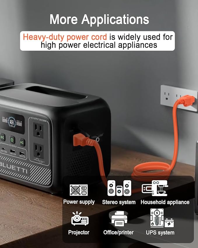 YEZriler 2M/6.6FT Heavy-Duty Charging Cable for Jackery Power Station Explorer 3000/2000/1500/1000, Ecoflow Delta/River/Series, Bluetti EB3A, Anker 757/767, 125Volt 15Amps AC Power Cord - Orange
