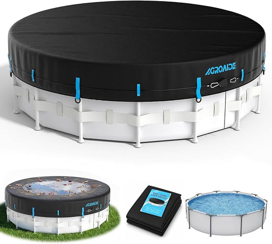 10ft Pool Cover, 3-in-1 Super Windproof System, Upgraded Seamless Side Design with Fast Ratchet Tie Downs, 420D Oxford Fabric for Above Ground Pool - All Season Use, UV & Dust Proof