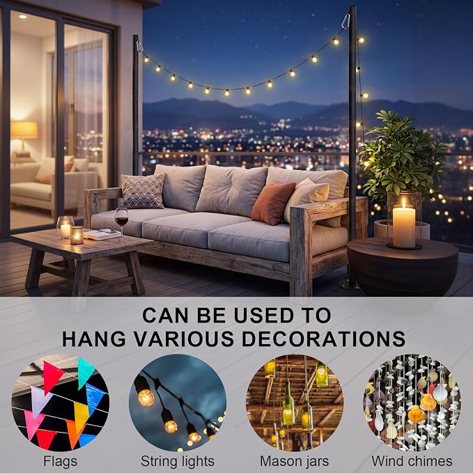 2 Pack 10 Ft String Light Poles for Outdoor String Lights, Heavy Duty Metal Outdoor Light Poles for Deck, Backyard, Garden, Patio, Wedding, Party