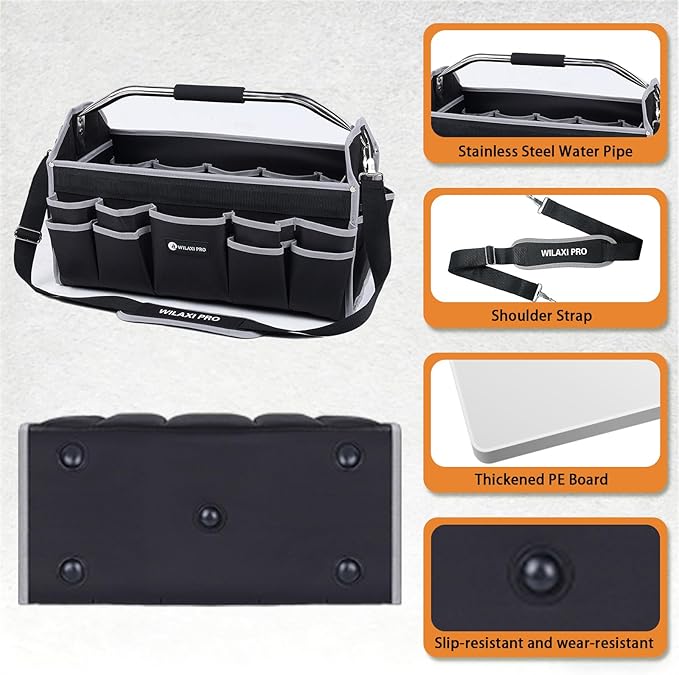 20in Tool Bags For Men Heavy Duty, 22 PCS Pockets Tool Bag Organizer Foldable Open Top Tool Bag With Handle, Wide Mouth Electrician Tool Tote, Grey