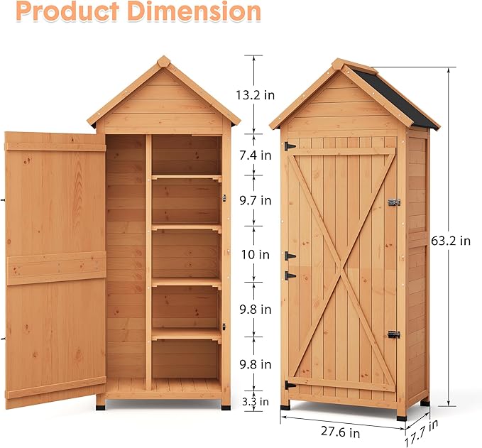 63in Tall Outdoor Storage Shed, Waterproof Wooden Garden Tool Shed with 4 Shelves and Lockable Doors, Vertical Outdoor Storage Cabinet for Patio Yard Lawn