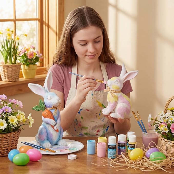 Simgoing 2 Pcs Easter Bunny Figurines Decorations Rabbit Resin Statues Easter Figure Statues Beige Rabbit Figurines Decorations for Holiday Vintage Farmhouse Home Table Centerpieces Ornament Gifts