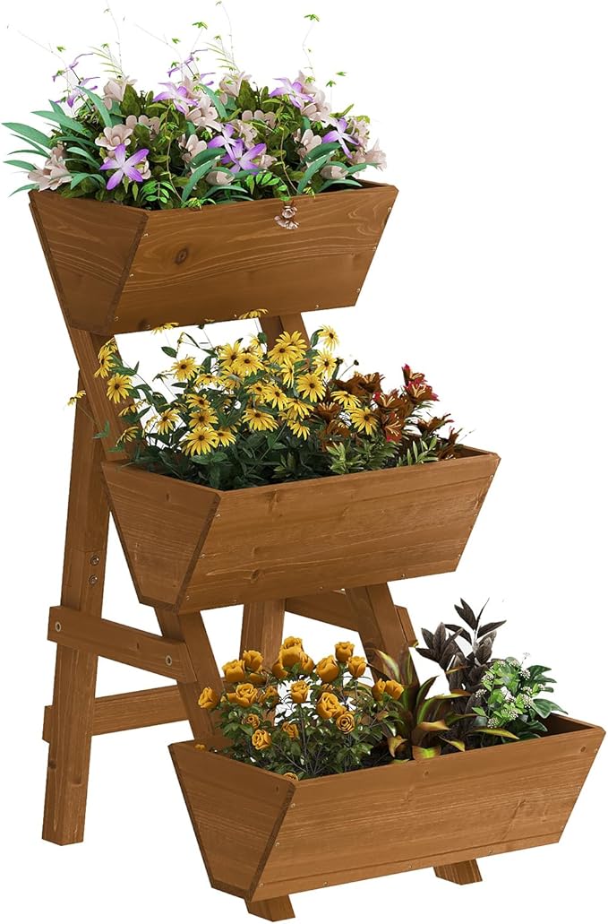 Kitsanery 3-Tiers Wooden Raised Garden Bed,Wood Planter Box for Vegetable,Flower Rack,Flower Pot Stands,Indoor Outdoor Gardening Planting Beds (Brown, Small)