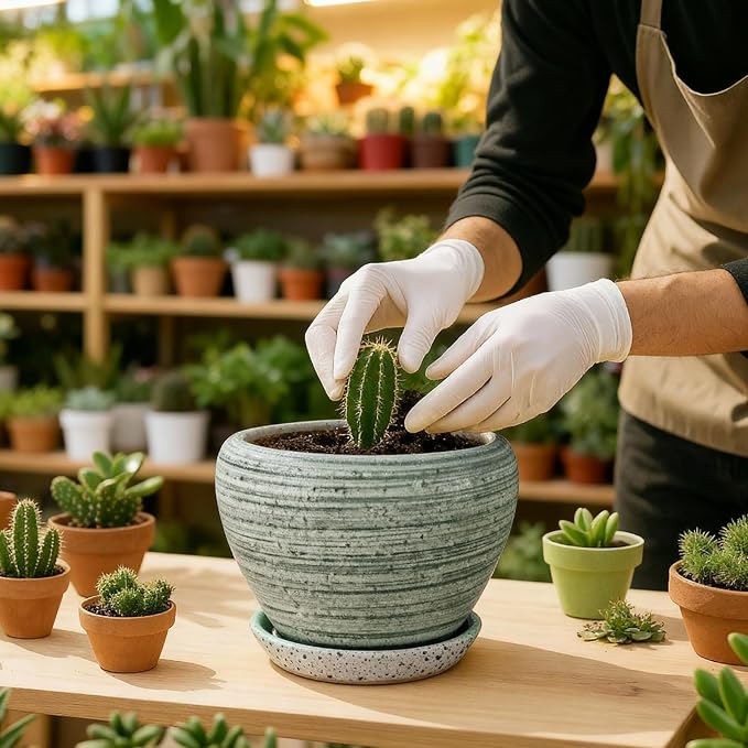 Deep Dream 8 Inch Plant Pots- Ceramic Pots for Plants with Drainage Hole and Saucer, Large Planter Pot for Indoor Plants Outdoor Decor, Brushed Green