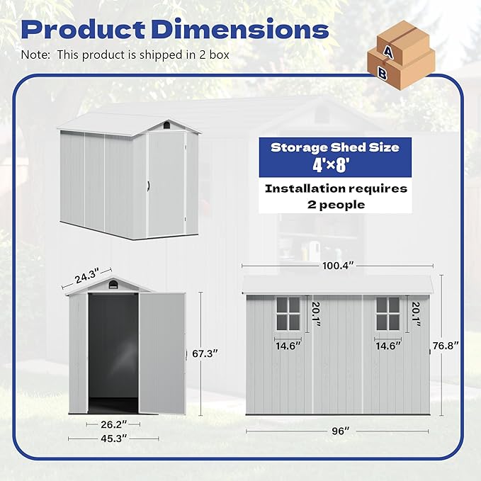 Greesum 4x8FT Plastic Storage Shed with Floor, Resin Outdoor Storaged Sheds with Lockable Door, All Weather Tool Shed with Window and Vent, Easy Assembly for Garden, Patio, Backyard, Light Gray